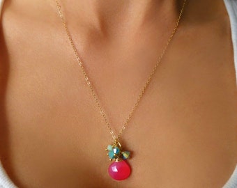 Hot Pink Necklace With Swarovski Crystals - Pink Chalcedony Necklace - Multi Color Bead Necklace - Cluster Necklace - Crystal Jewelry Gift