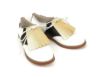 Gold Leather Kilties for Womens Golf Shoes, Swing Dance Shoes, 1950s Fashion, Golf Gift Ideas, Golf Gifts, Lindy Hop Shoe Decoration