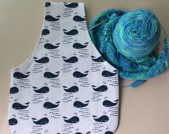 Small knitting project bag, wrist bag, over arm project bag, whales print linen fabric, knitters project bag, knitters gift bag.
