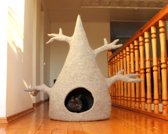 Cat house - cat tree - cat bed - wool cat cave - light grey felted wool cat bed - made to order - hauswarming gift