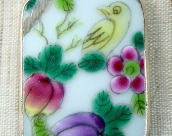 Bird and Flowers Hand Painted Porcelain Pottery Shard Pendant Charm for Necklace Ming Qing Shard