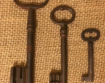 Set of Three Rusty Antique Skeleton Keys from France