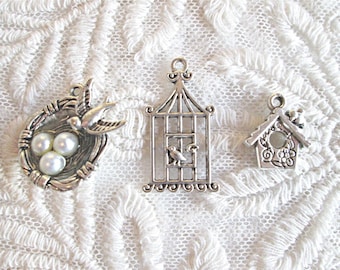 3 Assorted Shabby Look Silver Bird Pearl Nest Charms Jewelry findings for Crafts Jewelry Scrapbooking
