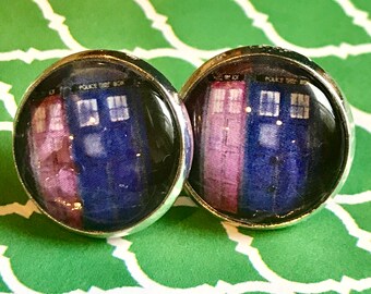 Tardis Dr. Who glass cabochon earrings - 16mm