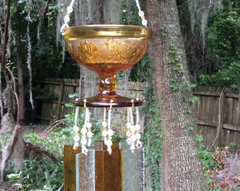 Vintage Amber Tiara Glass, Indiana Glass, Sherbet Dish, Bowl, Dessert, Upcycled into a Windchime, Stained Glass Chimes, OOAK