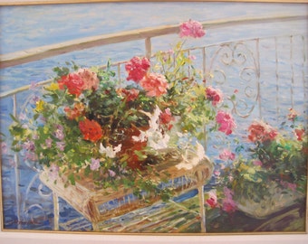 Original Oil Painting Balcony Flowers by Wilson Chu Oil on Canvas 18 x 24