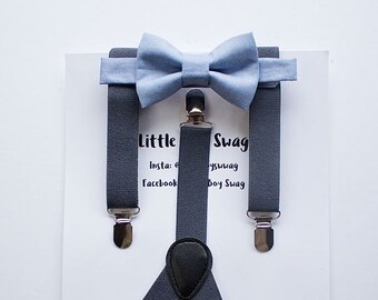 Dusty Blue Bow Tie Charcoal Suspenders, Boys - Men Bow Tie Suspenders, Baby Boy Bow Tie, Wedding Bow Tie, Ring Bearer Outfit, Boys Clothes