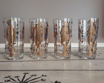 Culver Glasses (4) 22k Highball Glasses Mid Century Barware Culver Jester Glasses Mardi Gras Culver Rhinestone Culver Glasses New Orleans