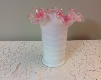 Fenton White and Pink Ruffled Edge Glass Vase Vintage Fenton Vase