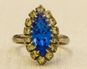 Cobalt Marquise Rhinestone Vintage Ring Silver Blue Adjustable Size 7RI