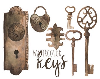 Watercolor Locks Clip Art, Keys Clipart, Vintage Locks and Keys, Old world Keys, Brass Locks Brass Keys, Romantic Clip Art, Lock and Key