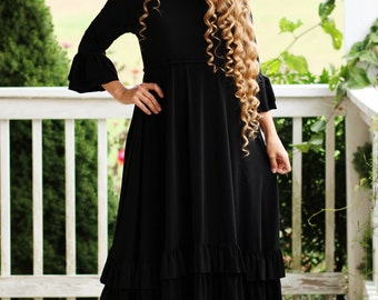 LillyAnnaLadies NOIR Bree Circle Ruffle Little Black Dress Lala Modest