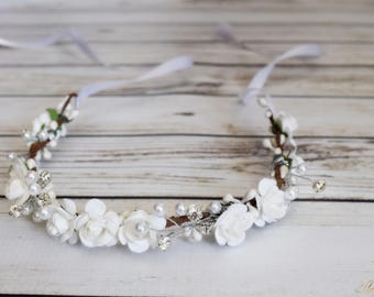 Handcrafted Dainty White Rose Flower Crown - Pearl Rhinestone Flower Crown - Bridal Rose Crown - Flower Girl Halo - Small White Flower Crown