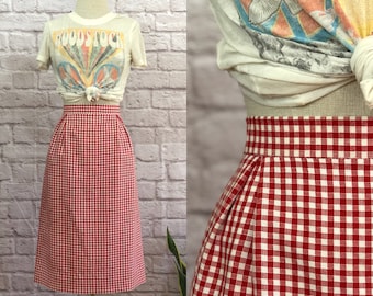 Vintage Retro Red/White Gingham Pencil Skirt Knee Length High Waisted Size Small Medium Classic Tailored Fit Inverted Pleat Details Classic