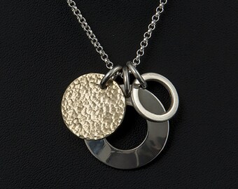 Silver and Gold Charm Pendant - Gold Filled Hammered Disc Charm - Sterling Silver Charm Pendant - Silver Domed Disc Charm - Ring Disc Charms