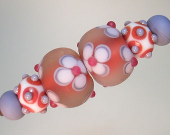 MATCHED PAIRS OF Handmade Lampwork Beads by Patti Cahill, Striped-dot Florals, Double Polka-dot Minnies + Lilac Plains (6 beads total)