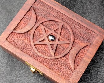 Hematite Triple Moon Pentagram Goddess Wooden Box with Brass Latch