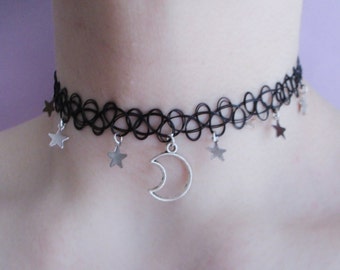 moon and stars necklace - tattoo choker - grunge choker - pastel goth - kawaii