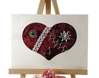 Handmade Fabric Valentine Card, Hand Embroidered Heart Card, Crazy Quilt Greeting Card, Fiber Art Greeting Card, Anniversary Card, Love Card