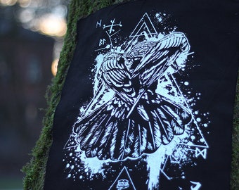 handprinted backpatch crow raven occult