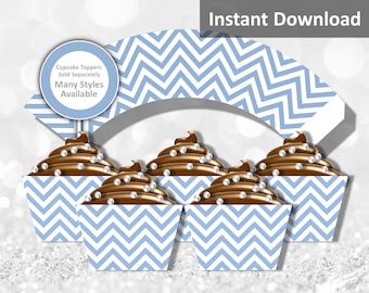 Baby Blue Chevron Cupcake Wrapper Instant Download, Party Decorations