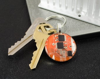 Circuit Board Keychain Orange, Geeky Gift, Recycled Computer Key Fob, Information Technology Gift, Software Engineer, Industrial Chic, Nerdy