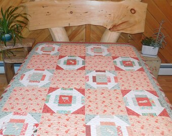 Handmade Coral and Sage Green Horse Quilt/ Large Throw or Twin Size