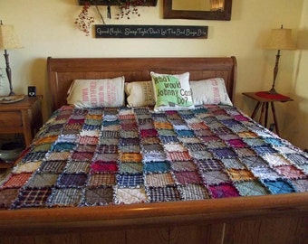 Custom Patchwork Rag Quilt, King Size, Made to Order, Rustic, Homemade Quilt, Country Primitive, Farmhouse Decor, Primitive Decor