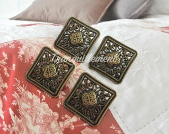 4 Large Retro Vintage Style Bronze Color Square Floral Flower Jacket Coat Sweater Metal Button 2.3 Cm / 0.9 Inches