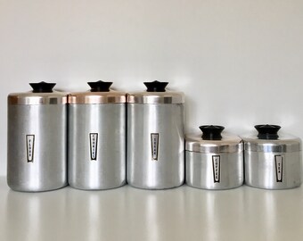 Vintage Set Of 5 Kromex Aluminum Canisters, Flour, Sugar, Cookies, Coffee, Tea. Kitchen, Counter, Made In The USA.