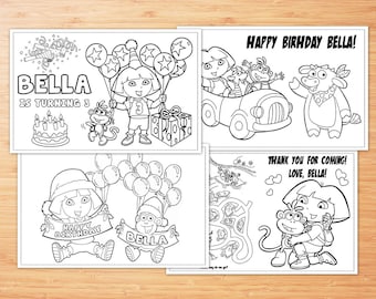 Personalized Dora the Explorer Birthday Party coloring pages, activity PDF file