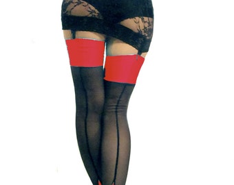 Seamed cuban heel power net stockings Black Red spandex top