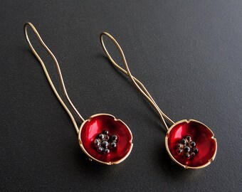 Flower earrings, poppy earrings, enamel jewelry, red earrings, enamel earrings, hypoallergenic earrings, long earrings