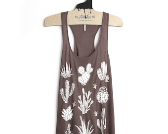 Large- Brown Slub Speckle Racer Back Tank with Cactus Screen print