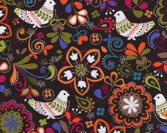 1 yard Michael Miller Birds of Norway Espresso Fine Wale Corduroy Fabric, 100% cotton fabric by the yard, Folk Art, brown purple DESTASH