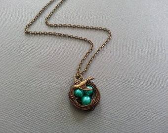 New Green Bird's Nest Necklace Antique Brass