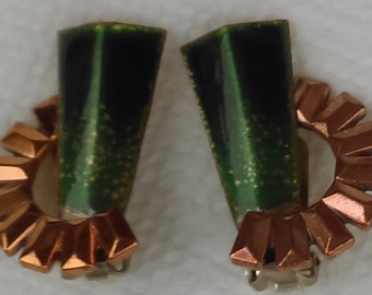 Vintage Matisse 1950's clip on earrings with green enamel on copper