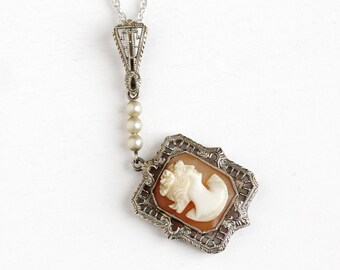 Sale - Antique Cameo Lavalier - 14k White Gold Carved Shell Pendant Necklace - Vintage 1930s Female Silhouette Filigree White Bead Jewelry