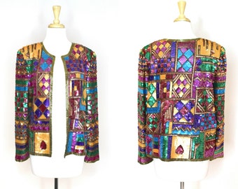 Rare 80's Sequin Jacket / Nordstrom Multicolored Sequined Blazer / Avant Garde Evening Dress Top