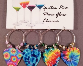 Guitar Pick Wine Glass Charms "Tie Dyes"