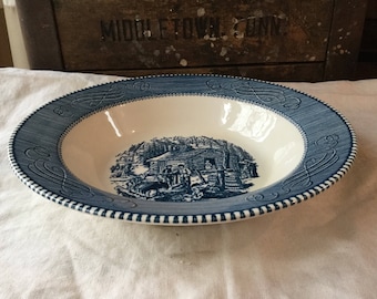 Royal China Serving Bowl / Currier and Ives Blue and White Transferware Underglaze Print