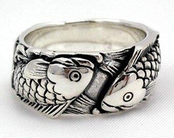 Japanese Carp Koi Fish Tattoos Wedding Band Rings, koi ring, fish ring, wedding band ring, fish ring, sterling silver