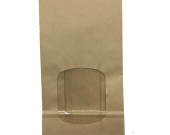Free US Shipping Large One Pound Brown Paper Lined Tin Tie Bags with Window - Food Safe - 4.75 X 2.5 X 9.5 Inches