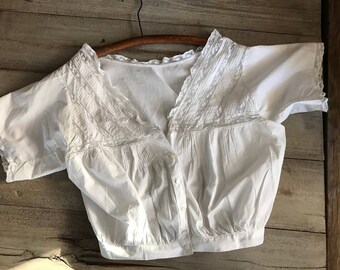 French White Cotton Blouse, Lace Trimmed, Short Sleeves