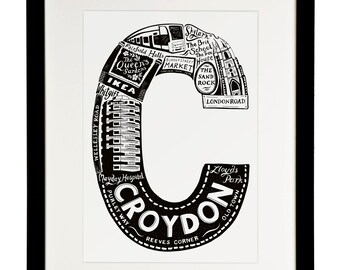 Croydon print - London print - London poster - London Art - Typographic Print - London illustration - letter art - South London poster
