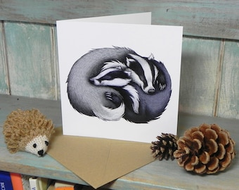 Badger Couple Illustration Square Greeting Card - 280gsm White Card 150 x 150mm Blank Inside with Brown Recycled Envelope