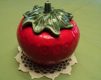 Vintage Small Sstrawberry Jar With Lid--Red Ceramic Cookie Jar