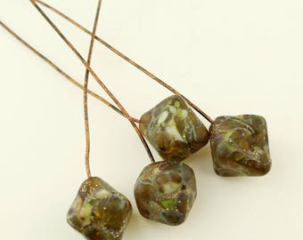 Lampwork Headpins, Rustic Glass Bead Head Pins on Antique Copper Wire, Gray, Brown, Green, Silver