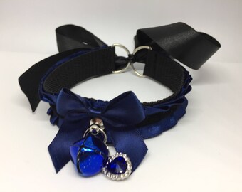 Navy Jewel Satin Kitten Play BDSM Collar