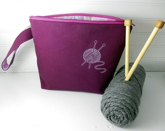 Purple Knitting bag, Crochet project bag, small project bag, knitters gift, knitting zipper pouch, knitting bag, gift for knitter